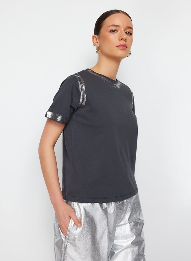 trendyol Anthracite Gilded Loose/Comfortable Pattern Knitted T-Shirt - Image 3