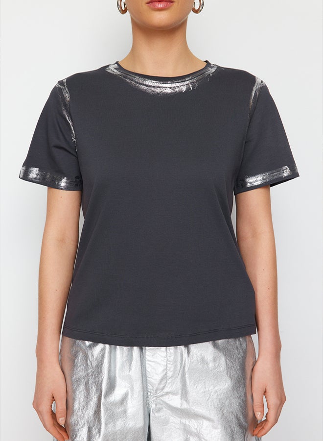 trendyol Anthracite Gilded Loose/Comfortable Pattern Knitted T-Shirt - Image 4