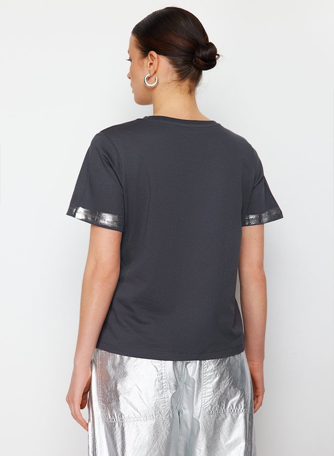 trendyol Anthracite Gilded Loose/Comfortable Pattern Knitted T-Shirt - Image 5