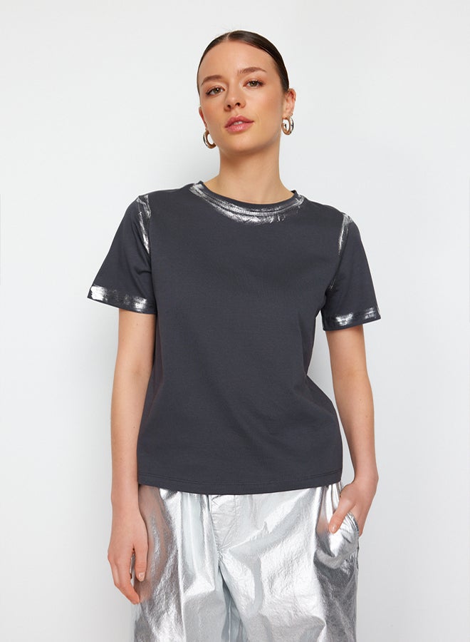 trendyol Anthracite Gilded Loose/Comfortable Pattern Knitted T-Shirt - Image 2