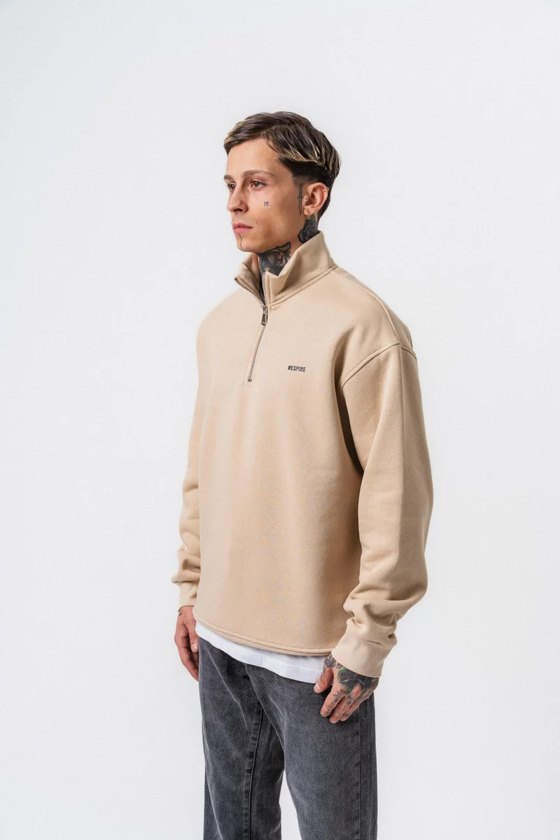 RESPIRE Men's Respire Letter Detail Basic Half-Zip Sweatshirt Beige