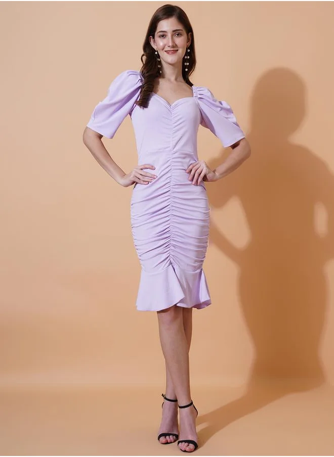 U&F Sweetheart Neck Gathered Bodycon Knee Length Dress by Styli