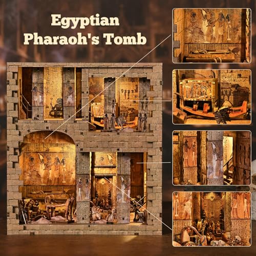 fifijoy Book Nook Kit DIY Miniature House Dollhouse Kit for Adults and Teens 3D Wooden Puzzle Booknook Build Bookshelf Decor with LED Light Gifts for Family and Friends Egyptian Pharaohs Tomb - Image 5