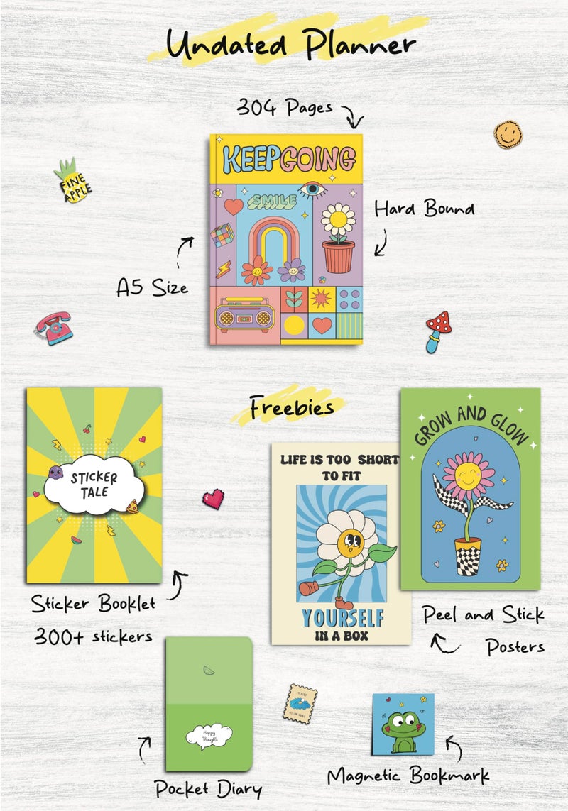 KALP Undated Daily Journal Planner KIT with Pocket Diary, 2 Posters, 300+Stickers, Magnetic Bookmark - Hard Bound, 80 GSM - 304 pages, Weekly Spreads, Monthly View, Habit & Budget Tracker (RETRO) - Image 2