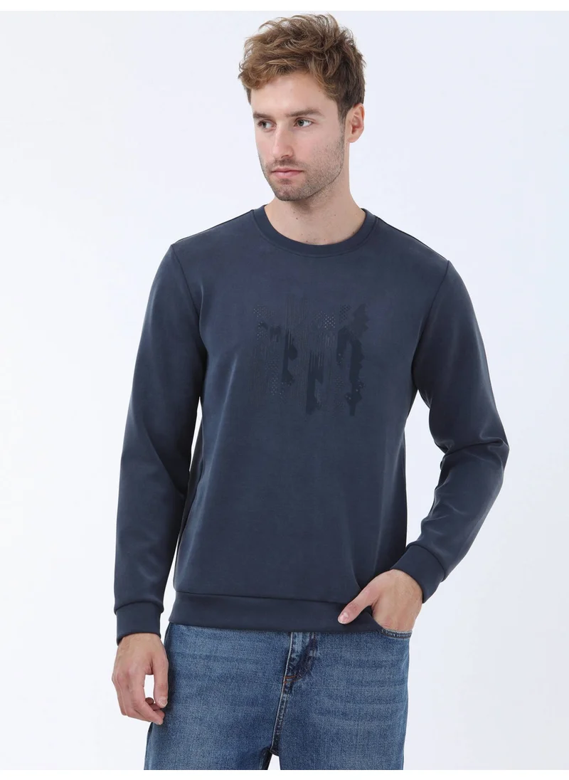 Kip Navy Blue Crew Neck Printed Sweatshirt