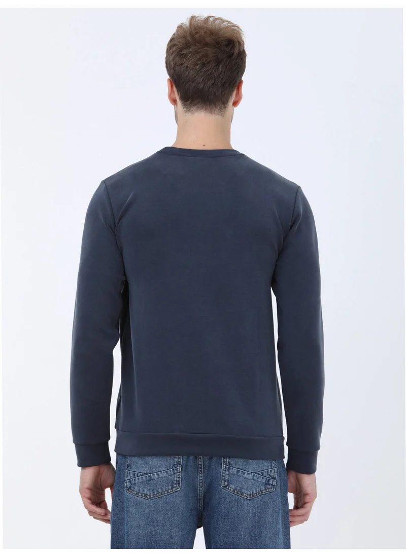 Kip Navy Blue Crew Neck Printed Sweatshirt