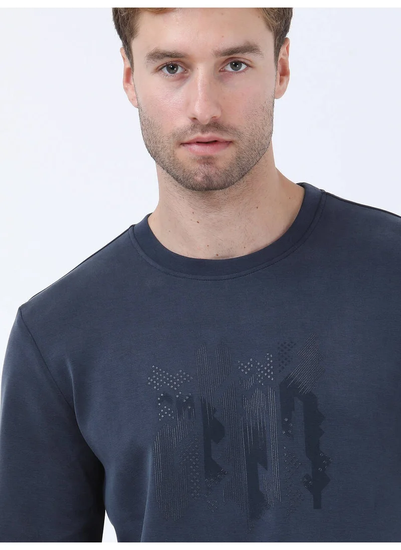 Kip Navy Blue Crew Neck Printed Sweatshirt