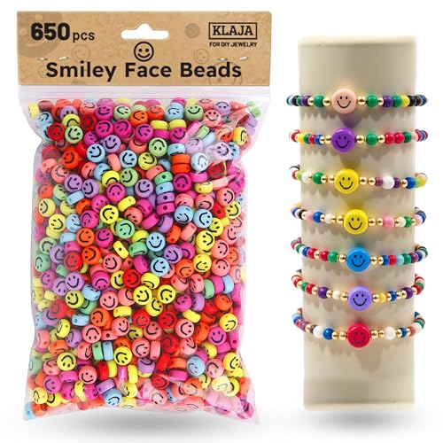 KLAJA 650 Pcs of Smiley Face Beads, 7x4 mm, Big Pack | Mixed Colorful Beads, Happy Face Beads for DIY Jewelry Bracelet Earring Necklace Craft Making Supplies - Image 1