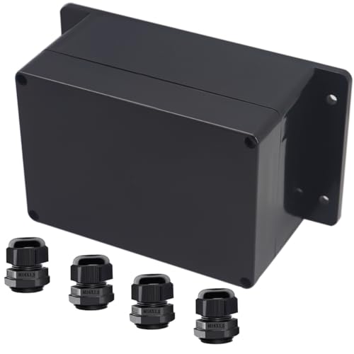 Raculety Project Box ABS Black Electrical Boxes IP65 Outdoor Waterproof Box Electronic Junction Box Fixed Ear Power Enclosure with Cable Glands for DIY Project 6.3 x 4.33 x 3.54 inch (160x110x90mm) - Image 1
