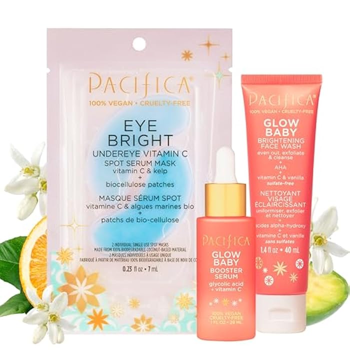 Pacifica Beauty | Glow Baby Vitamin C Trial + Value Kit | 3-Piece Skin Care Gift Set | Travel Friendly | Brightening Face Serum, Face Wash/Cleanser, Under Eye Patches | Glycolic Acid, AHA | Vegan - Image 1