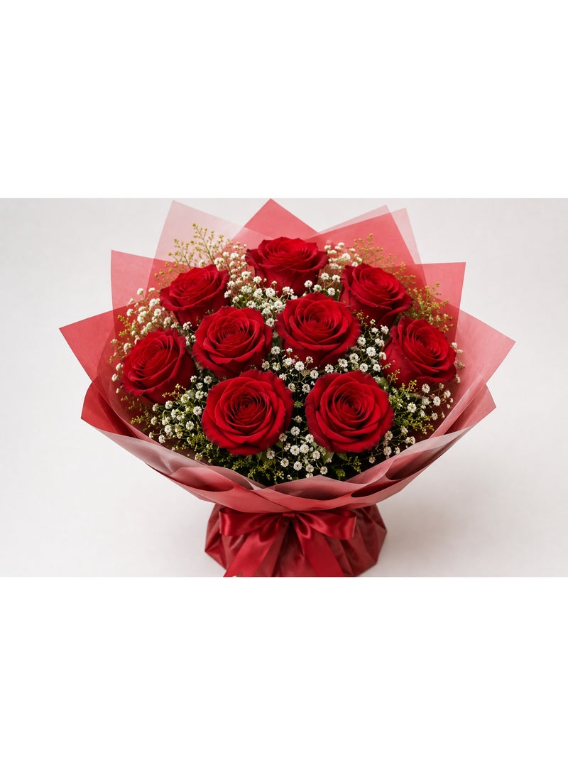 9 Fresh Red Rose Bouquet with Baby's Breath & Greenery