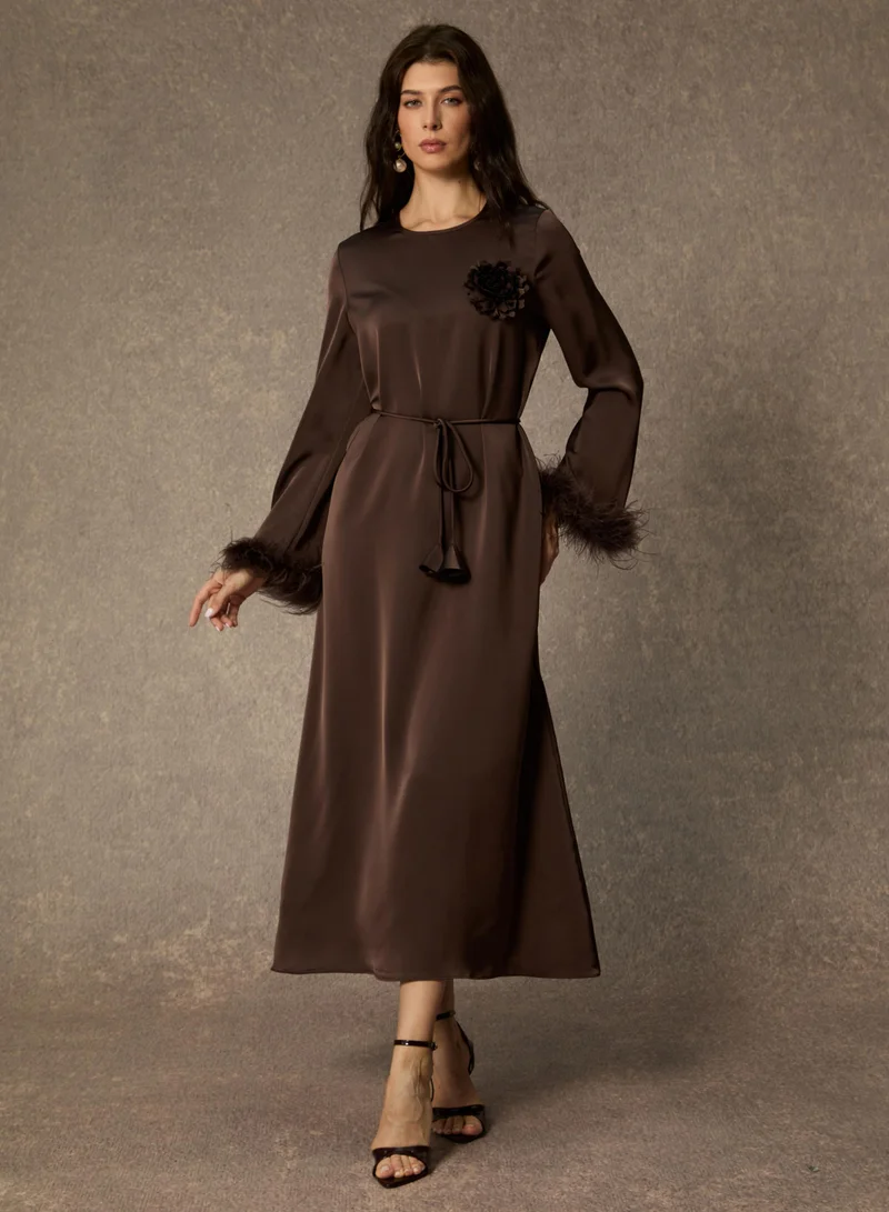 Sunfere  Effortlessly Luxe Brown Feather Cuff Midi Dress for Women | Best Price UAE