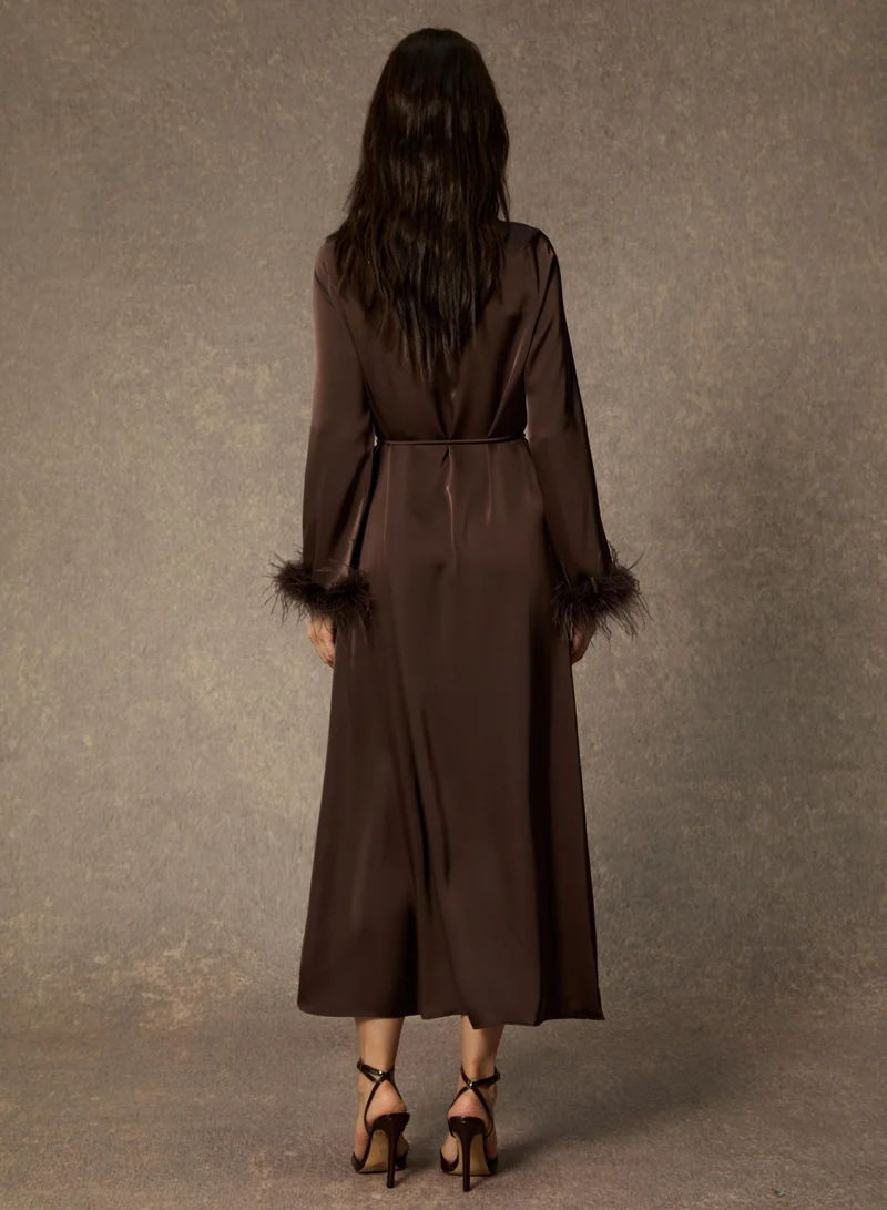 Sunfere  Effortlessly Luxe Brown Feather Cuff Midi Dress for Women | Best Price UAE