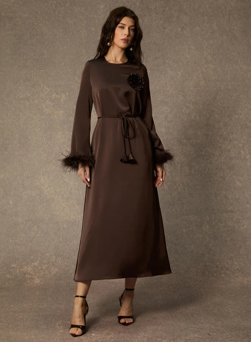 Sunfere  Effortlessly Luxe Brown Feather Cuff Midi Dress for Women | Best Price UAE