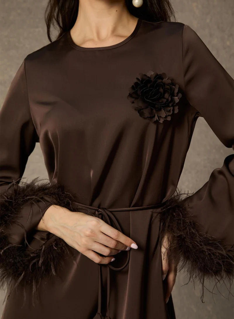 Sunfere  Effortlessly Luxe Brown Feather Cuff Midi Dress for Women | Best Price UAE