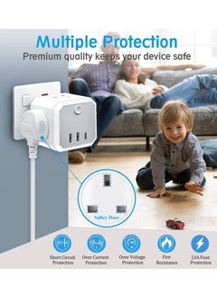 OULIYO Plug Adapter 4 Way Multi Plug Extension 3 USB Cube Power Extension Adapter with USB C Port Wall MultiPlug Charger Adaptor 13A UK 3 Pin Switched Socket Power Extender for Home Office Kitchen  - Image 3