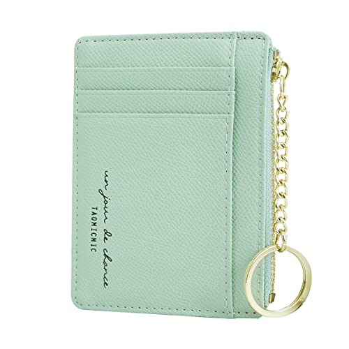 Prometheism Women Slim Leather Card Case Holder Small Wallet Cute Coin Purse Girl Mini Wallet with Keychain (Green) - Image 1