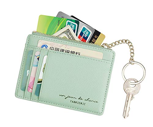 Prometheism Women Slim Leather Card Case Holder Small Wallet Cute Coin Purse Girl Mini Wallet with Keychain (Green) - Image 2