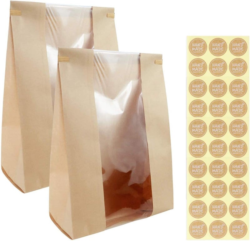 Twdrer 50 Pack Large Kraft Paper Bread Loaf Bag with Clear Front Window,Tin Tie Tab Lock Brown Bakery Coffee Cookie Treat Packaging Bags with 60 PCS Label Seal stickers(14" x 8.3" x 3.5") - Image 1