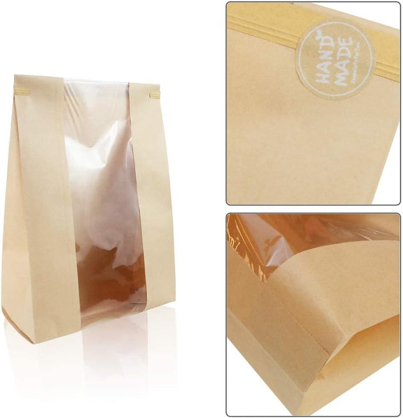 Twdrer 50 Pack Large Kraft Paper Bread Loaf Bag with Clear Front Window,Tin Tie Tab Lock Brown Bakery Coffee Cookie Treat Packaging Bags with 60 PCS Label Seal stickers(14" x 8.3" x 3.5") - Image 4