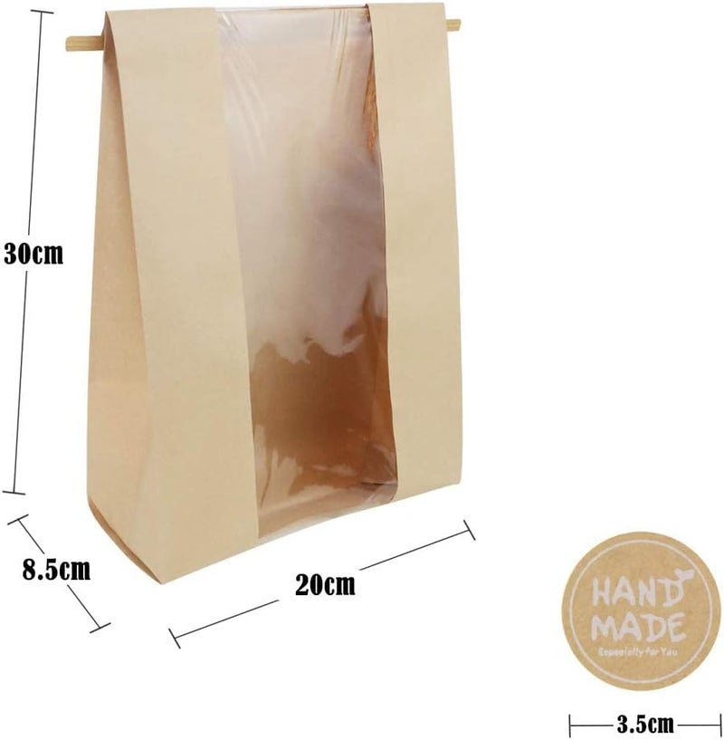 Twdrer 50 Pack Large Kraft Paper Bread Loaf Bag with Clear Front Window,Tin Tie Tab Lock Brown Bakery Coffee Cookie Treat Packaging Bags with 60 PCS Label Seal stickers(14" x 8.3" x 3.5") - Image 2