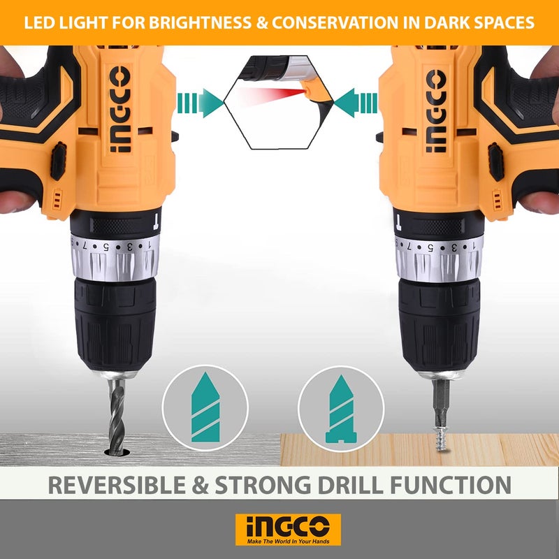 INGCO CIDLI1232 Lithiumion Impact Drill 20 NM Cordless 1811 Torque Settings 1500 RPM Speed 15 Ah Battery 2 Speed Gear with CRV Bits LED Light for Home Improvement Industrial Use - Image 3