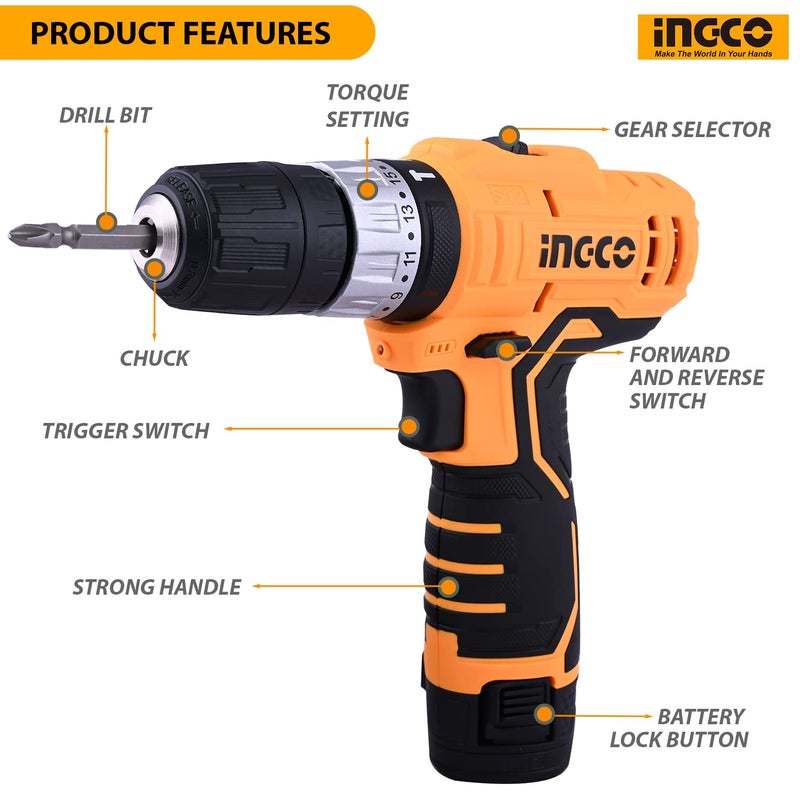 INGCO CIDLI1232 Lithiumion Impact Drill 20 NM Cordless 1811 Torque Settings 1500 RPM Speed 15 Ah Battery 2 Speed Gear with CRV Bits LED Light for Home Improvement Industrial Use - Image 2