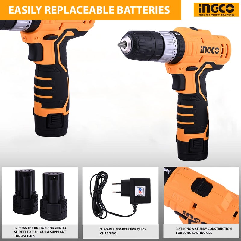 INGCO CIDLI1232 Lithiumion Impact Drill 20 NM Cordless 1811 Torque Settings 1500 RPM Speed 15 Ah Battery 2 Speed Gear with CRV Bits LED Light for Home Improvement Industrial Use - Image 4