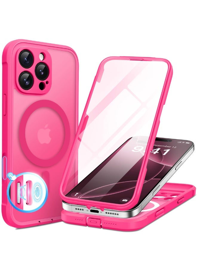 بيرفي جراب مغناطيسي لهاتف iPhone 16 Pro Max، متوافق مع MagSafe، [واقي شاشة مدمج من الزجاج المقوى 9H وحماية للكاميرا] جراب هاتف شفاف غير لامع كامل الجسم لهاتف 16 Pro Max، وردي فاقع - Image 1