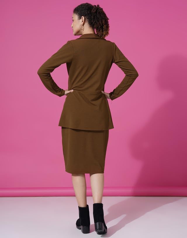 SIRIL Brown Polyester Two Piece Knee Length Dress with Blazer for Women - Classic Fit, Long Sleeves, Solid Pattern, Work Occasion, Brown Color, Size L - Image 2