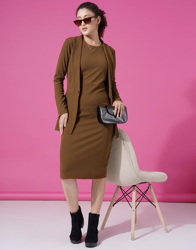 SIRIL Brown Polyester Two Piece Knee Length Dress with Blazer for Women - Classic Fit, Long Sleeves, Solid Pattern, Work Occasion, Brown Color, Size L - Image 4