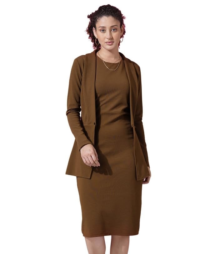 SIRIL Brown Polyester Two Piece Knee Length Dress with Blazer for Women - Classic Fit, Long Sleeves, Solid Pattern, Work Occasion, Brown Color, Size L - Image 1