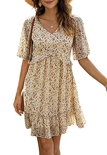 Manydress Women's Summer Floral Print V Neck Casual Mini Boho Ruffle Swing Dress MY068 (Apricot Print, M) - Image 1