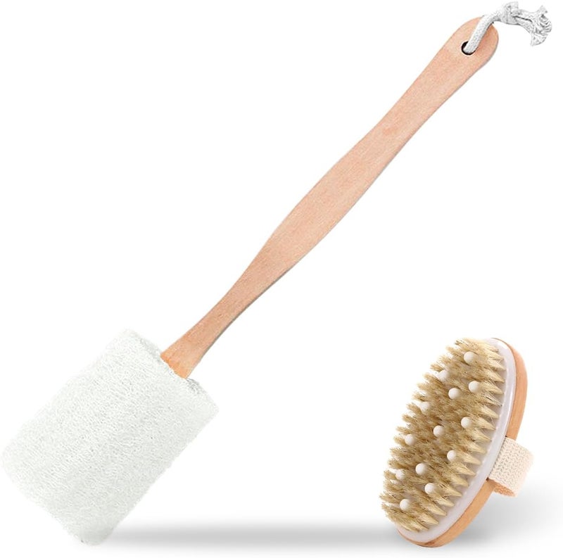 Loofah Sponge Back Scrubber Loofah Bath Brush for Effective Exfoliation Long Wooden Handle Body Scrubber and Bath Body Brush with Gentle Massage Nodes