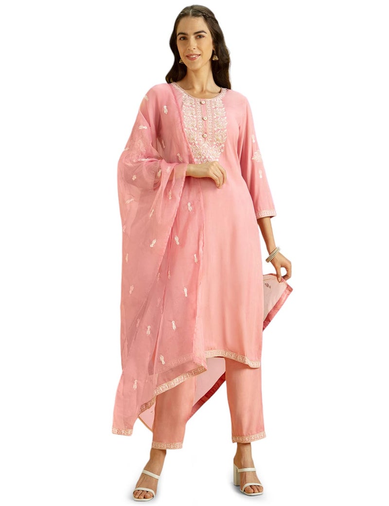 Kaari Women's Chikankari Kurta Set with Dupatta - Straight Fit | Chikankari Embroidery with Zari Highlight | Organza Dupatta with Booti Work | Straight Pant with Side Pocket | Kurta Set for Women - Image 3