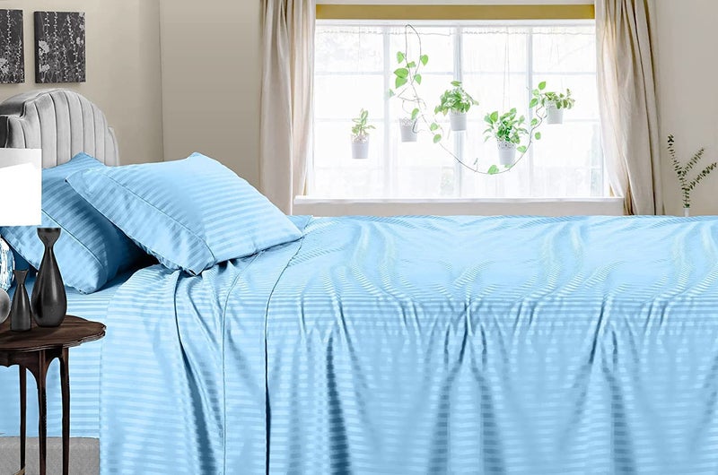 BALAJI EXPORT 600 TC Cotton Bedsheets with Pillow Cover 100 Cotton Bedsheets Breathable Soft Touch Skin Friendly 3 Piece Flat Bedsheet Set Light Blue Stripe King Size  - Image 2