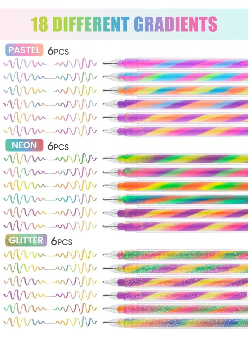 Color-Changing Gel Ink Pen 18 Pack, 1.2mm/0.047’’ Fine Round Tip, Transparent Barrel, Vibrant Rainbow Glitter Gradient Neon Pastel Ink for Writing, Drawing, Journaling, Non-Toxic - Image 2
