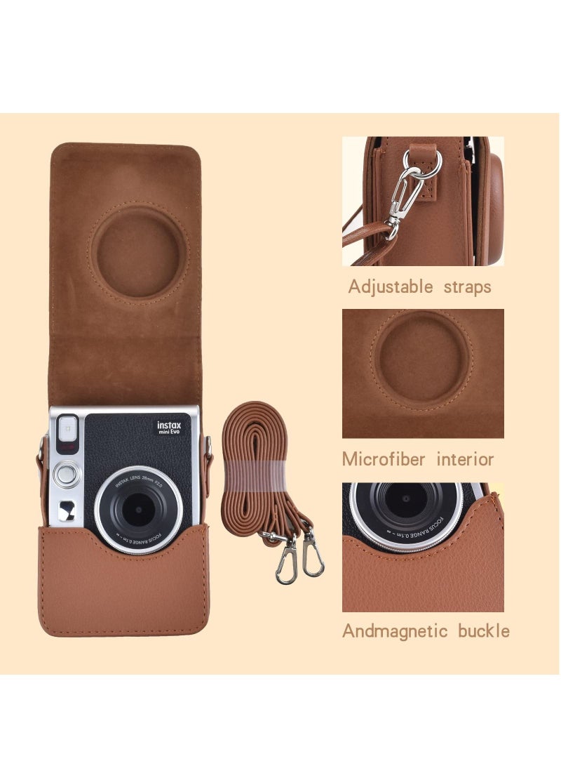 Camera Case Vintage PU Leather Protective Case for Fujifilm Instax Mini EVO Instant Camera with Removable Shoulder Strap Vertical (Brown)  - Image 4
