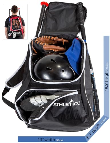 Athletico Baseball Bat Bag - Backpack for Baseball, T-Ball & Softball Equipment & Gear for Youth and Adults | Holds Bat, Helmet, Glove, Shoes | Separate Shoe Compartment, Fence Hook (Black) - Image 2