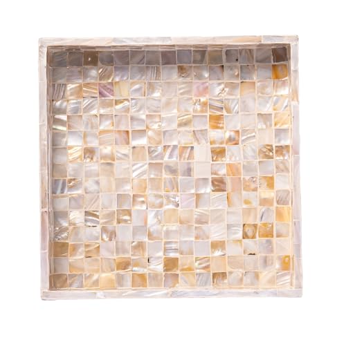 PEMAR 10" Mother of Pearl Catchall Tray for Coffee Table, Entryway, Nightstand. Square Serving Tray Wooden Luxury Decorative Handmade Eating Platters w Insert Handles (White Cream Squares Pattern) - Image 1