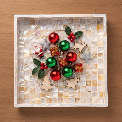 PEMAR 10" Mother of Pearl Catchall Tray for Coffee Table, Entryway, Nightstand. Square Serving Tray Wooden Luxury Decorative Handmade Eating Platters w Insert Handles (White Cream Squares Pattern) - Image 2