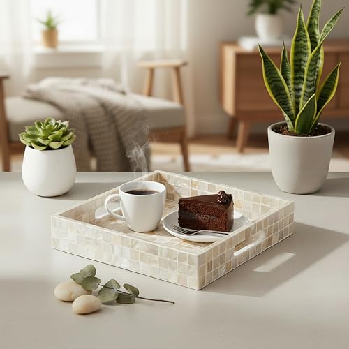 PEMAR 10" Mother of Pearl Catchall Tray for Coffee Table, Entryway, Nightstand. Square Serving Tray Wooden Luxury Decorative Handmade Eating Platters w Insert Handles (White Cream Squares Pattern) - Image 4