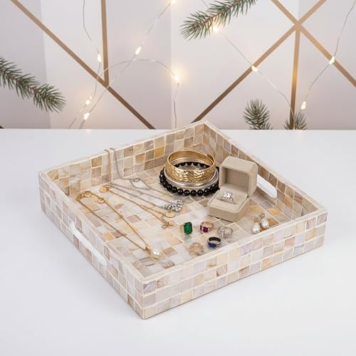 PEMAR 10" Mother of Pearl Catchall Tray for Coffee Table, Entryway, Nightstand. Square Serving Tray Wooden Luxury Decorative Handmade Eating Platters w Insert Handles (White Cream Squares Pattern) - Image 3