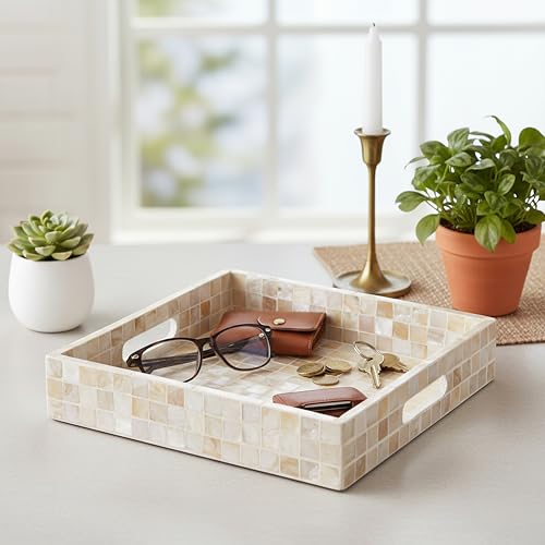 PEMAR 10" Mother of Pearl Catchall Tray for Coffee Table, Entryway, Nightstand. Square Serving Tray Wooden Luxury Decorative Handmade Eating Platters w Insert Handles (White Cream Squares Pattern) - Image 5