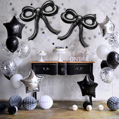 YTHETM 4 Pcs Bow Birthday Decorations Black Bow Balloons Bow Party Decorations Giant Foil Balloon for Girl Women Baby Shower Bridal Engagement Wedding Decor Bachelorette Party Supplies - Image 4