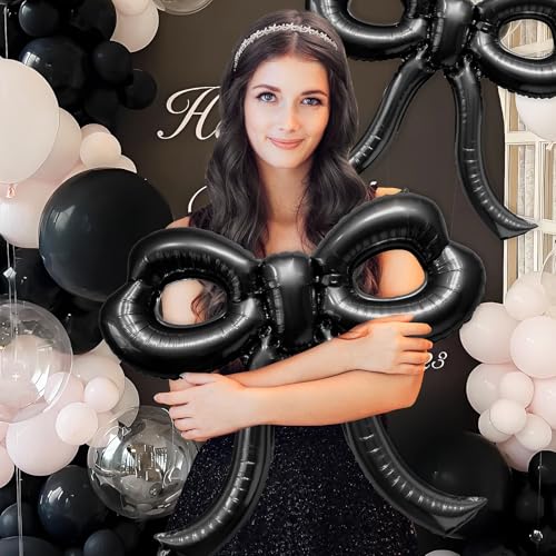 YTHETM 4 Pcs Bow Birthday Decorations Black Bow Balloons Bow Party Decorations Giant Foil Balloon for Girl Women Baby Shower Bridal Engagement Wedding Decor Bachelorette Party Supplies - Image 5