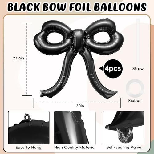 YTHETM 4 Pcs Bow Birthday Decorations Black Bow Balloons Bow Party Decorations Giant Foil Balloon for Girl Women Baby Shower Bridal Engagement Wedding Decor Bachelorette Party Supplies - Image 2