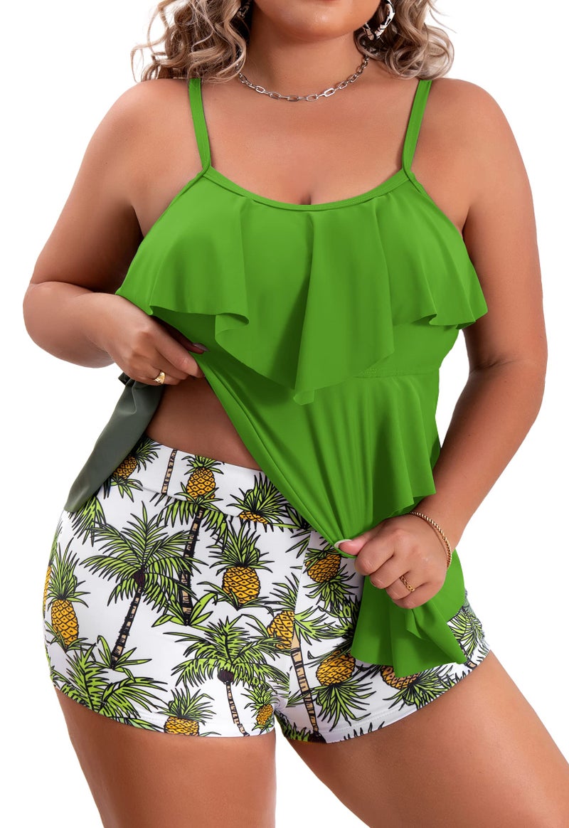 B2prity Women Plus Size Tankini Swimsuits Tummy Control Two Piece Bathing Suit Ruffled Flounce Swimwear with Shorts Grass Green