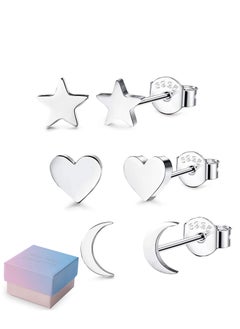 925 Sterling Silver Stud Earrings Set Hypoallergenic Sterling Silver Earrings For Women Girls Tiny Moon Star Heart Stud Earring 3 Pairs Different Sizes 925 Silver Earring Studs with Box