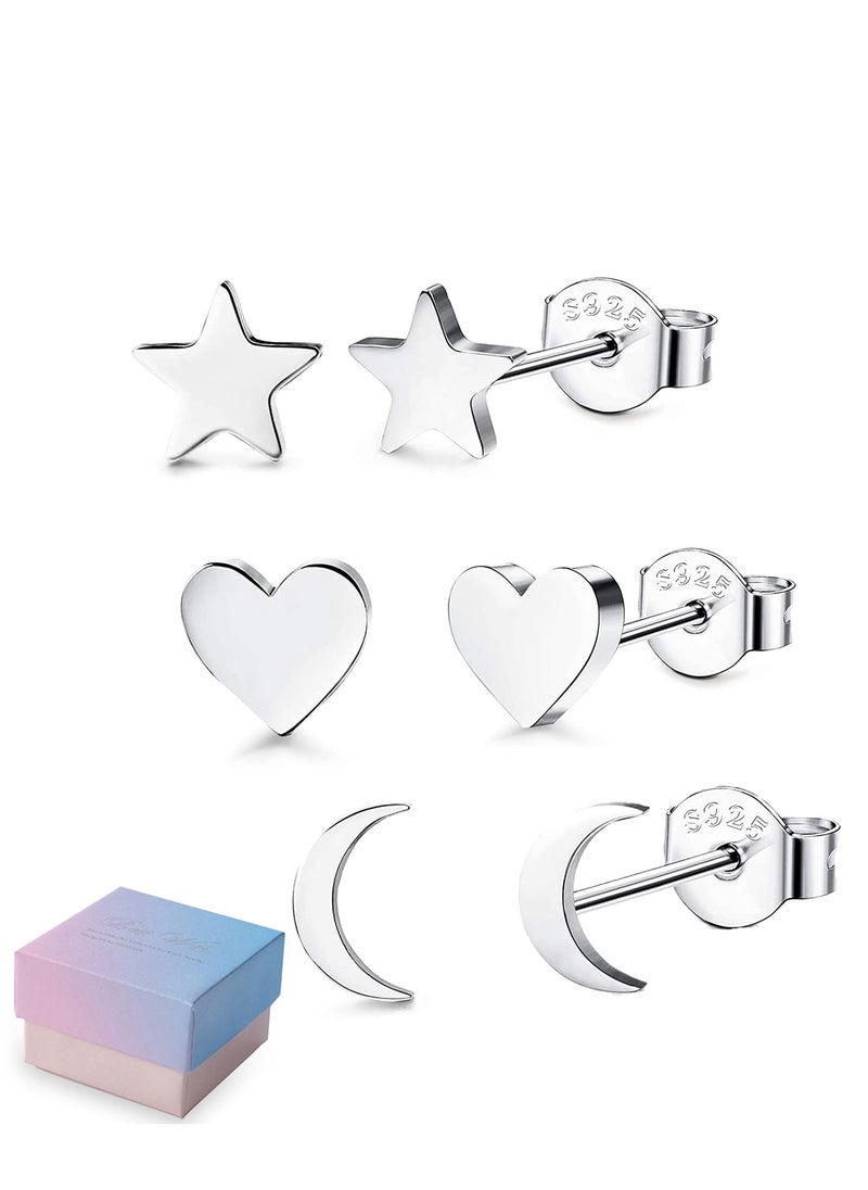 SYOSI - 925 Sterling Silver Stud Earrings Set Hypoallergenic Sterling Silver Earrings For Women Girls Tiny Moon Star Heart Stud Earring 3 Pairs Different Sizes 925 Silver Earring Studs with Box - Image 1
